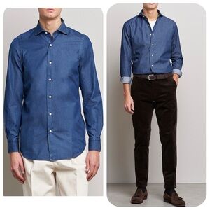 Lauren Ralph Lauren Slim Fit Chambray Shirt Dark Indigo 100% Cotton Sz. 18 34/35